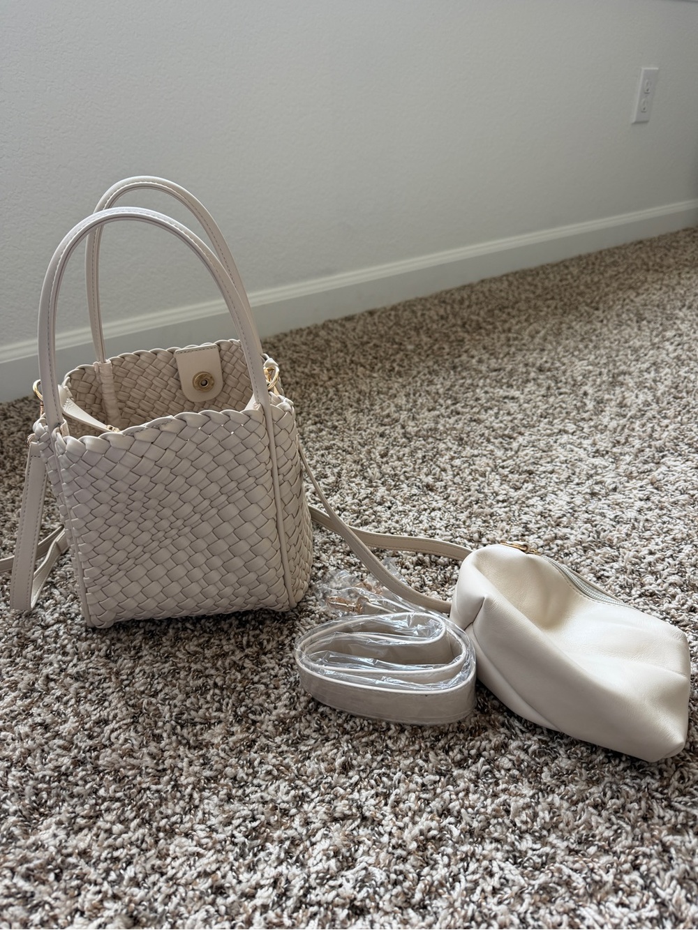 Woven Hollace Mini Tote Bucket Crossbody Bag in Cream
